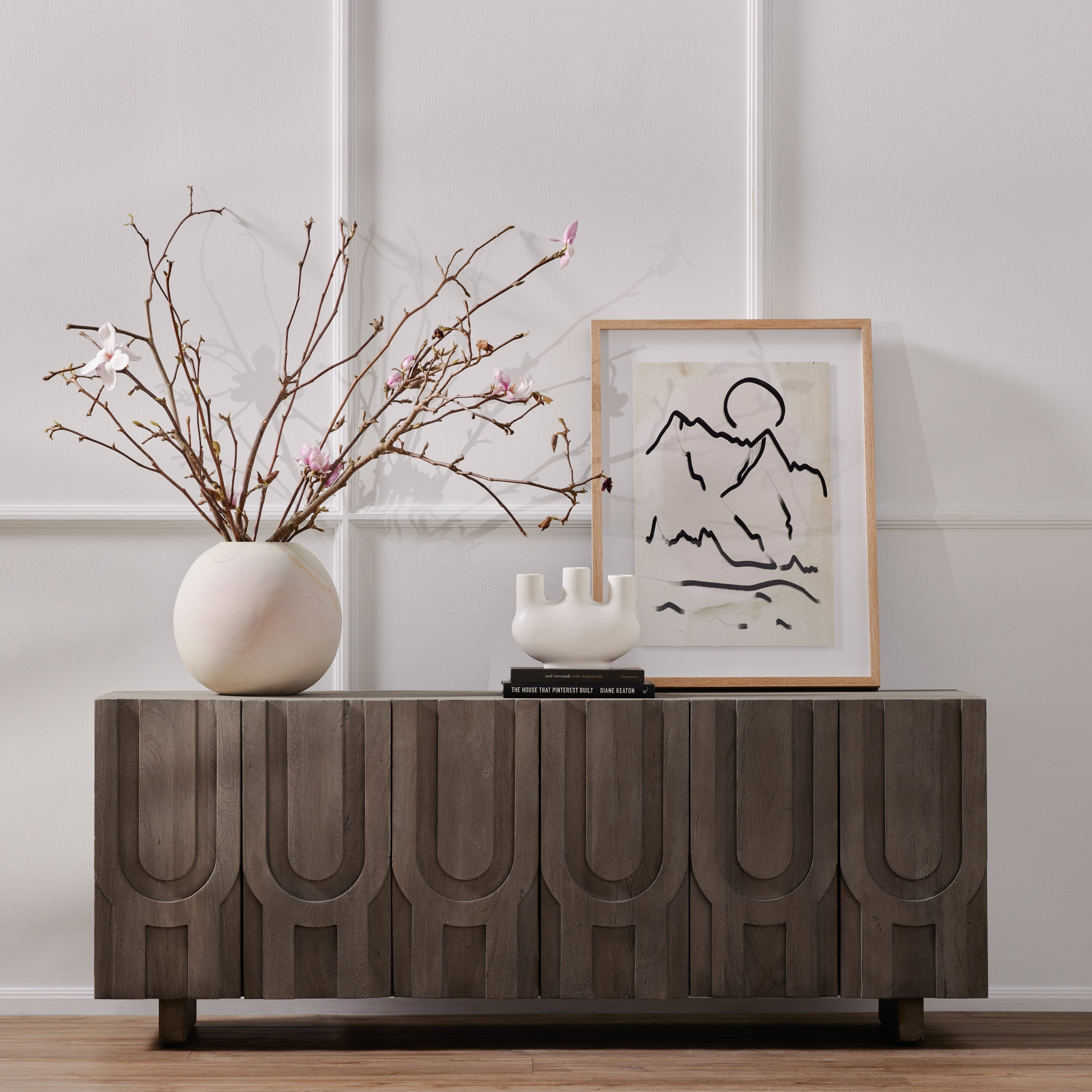 We love the clean contrast Mountain High II Art bings to a space. Original rendering by Bangkok-based art house Coup D'Esprit, this is framed within vertical grain white oak for a museum-quality look.  Compete the look with Mountain High I, III & IV!