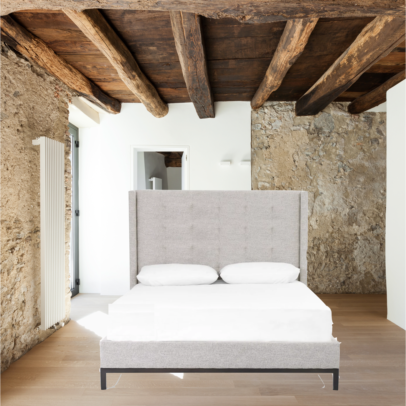 Subtle, modern elegance found in this Newhall Bed - Plushtone Linen. A low, tufted headboard in a light textural grey pairs with a simple gunmetal iron base.  Queen Overall Dimensions: 64.5"w x 86.5"d x 55"h King Overall Dimensions: 80.5"w x 86.5"d x 55"h  Colors: Plushtone Linen, Gunmetal Materials: 100% Polyester, Iron Queen Weight: 143.3 lb King Weight: 156.53 lb
