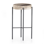 The Nocona Speckled Hide Bar and Counter stool is modern minimalist to a T. Slim and airy, gunmetal-finished iron legs form a cradle-style frame for speckled hide seating, perfectly sized for the counter or bar. Each hide will be unique and will vary. Amethyst Home provides interior design, new home construction design consulting, vintage area rugs, and lighting in the Winter Garden metro area.