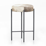 The Nocona Speckled Hide Bar and Counter stool is modern minimalist to a T. Slim and airy, gunmetal-finished iron legs form a cradle-style frame for speckled hide seating, perfectly sized for the counter or bar. Each hide will be unique and will vary. Amethyst Home provides interior design, new home construction design consulting, vintage area rugs, and lighting in the Los Angeles metro area.