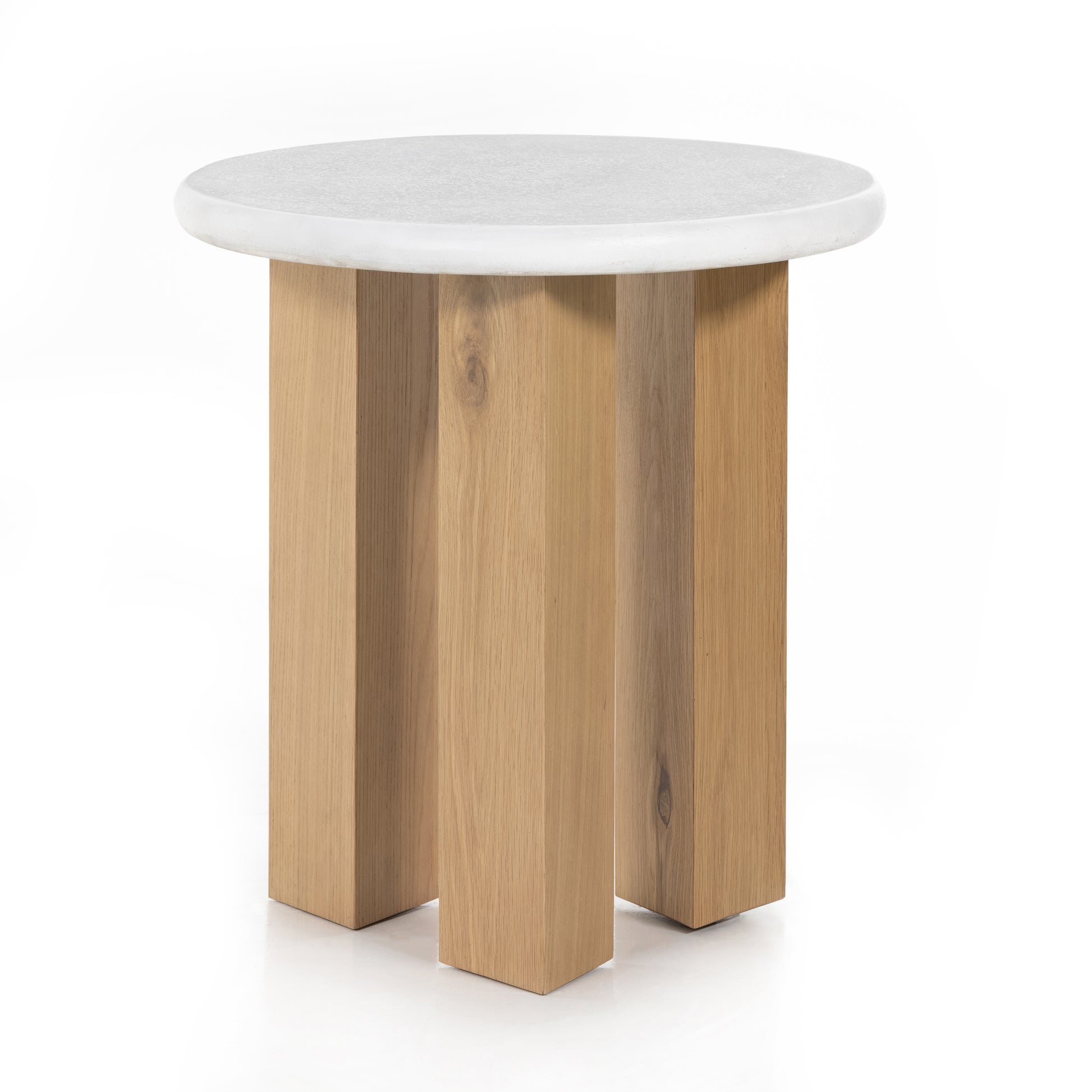 This Odin Nightstand - Stucco White is crisp, clean and beautifully simple. Light-finished oak forms a three-leg frame for a rounded tabletop of white-finished faux concrete.  Overall Dimensions: 22.00"w x 22.00"d x 24.00"h