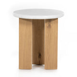 Featuring Odin Nightstand - Stucco White by Four Hands at Amethyst Home. This Odin Nightstand - Stucco White is crisp, clean and beautifully simple. Light-finished oak forms a three-leg frame for a rounded tabletop of white-finished faux concrete. 
Overall Dimensions: 22"W x 22"L x 24"H
Colors: Light Oak Veneer, Stucco WhiteMaterials: Oak Veneer, Faux Concret.  Amethyst Home provides interior design, new home construction design consulting, vintage area rugs, and lighting in the Boston metro area.
