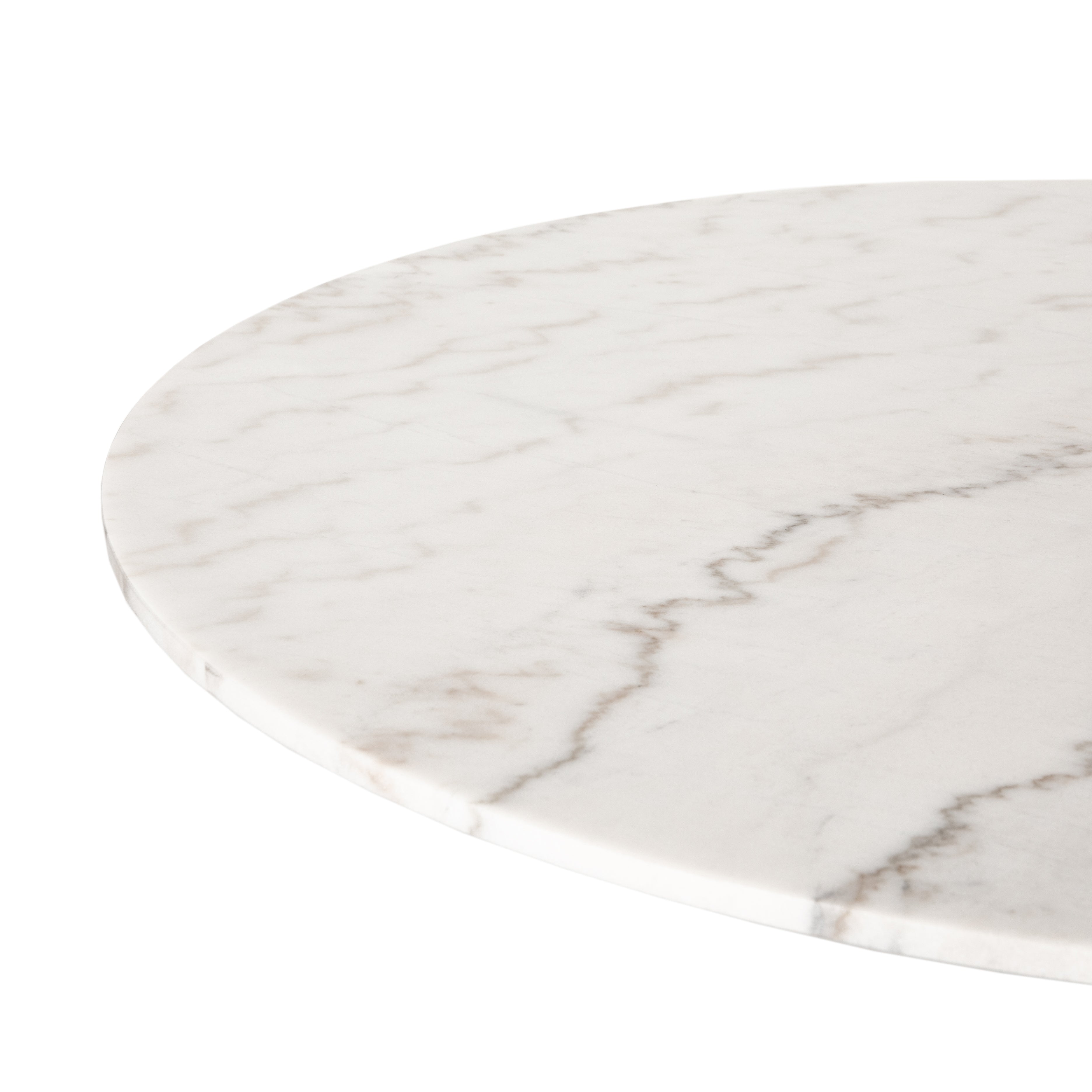 We love the mixed materials found in this Powell Dining Table - White Marble. Classic tulip shaping is recast with a rustic black iron base and rounded top of white marble - a perfect addition to any dining room or kitchen!   Overall Dimensions: 55.00"w x 55.00"d x 29.50"h  Colors: Dark Rustic Black, Weathered Ash, White Marble Materials: Iron, Solid Oak, Solid Marble Weight: 306.44 lb Volume: 34.29 cu ft