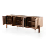 Featuring Reza Media Console - Smoked Honey by Four Hands at Amethyst Home. We love mid-century feel to this Reza Media Console - Smoked Honey. Finished in a light, smoked honey, a clean-lined parawood console sits in an arched cradle base of toasted acacia, for fresh contrast. Twist-lock metal hardware adds a clever finishing touch. Rear cutouts for media cor.  Amethyst Home provides interior design, new home construction design consulting, vintage area rugs, and lighting in the Omaha metro area.