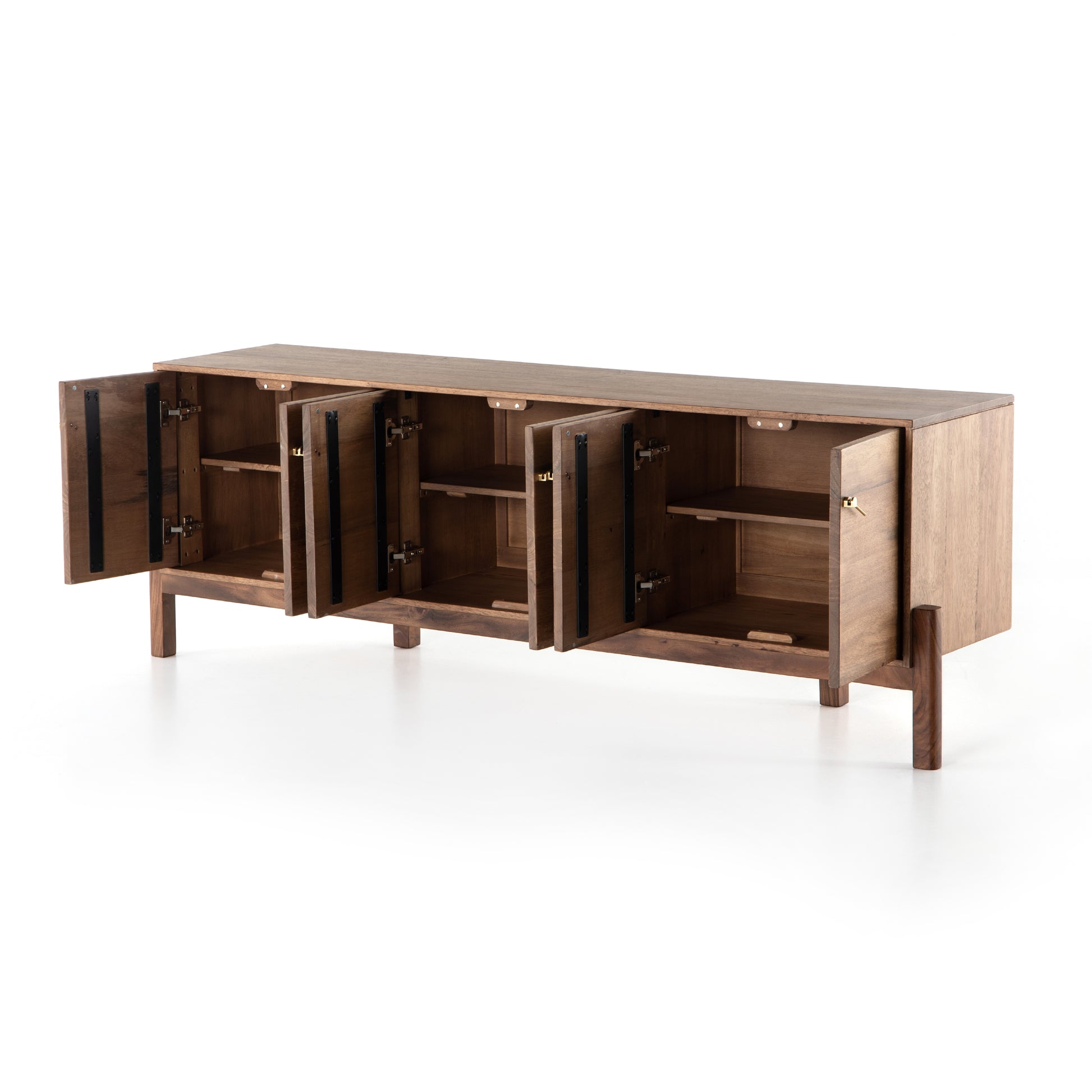 We love mid-century feel to this Reza Media Console - Smoked Honey. Finished in a light, smoked honey, a clean-lined parawood console sits in an arched cradle base of toasted acacia, for fresh contrast. Twist-lock metal hardware adds a clever finishing touch. Rear cutouts for media cord management.  Overall Dimensions: 84.00"w x 18.00"d x 28.25"h
