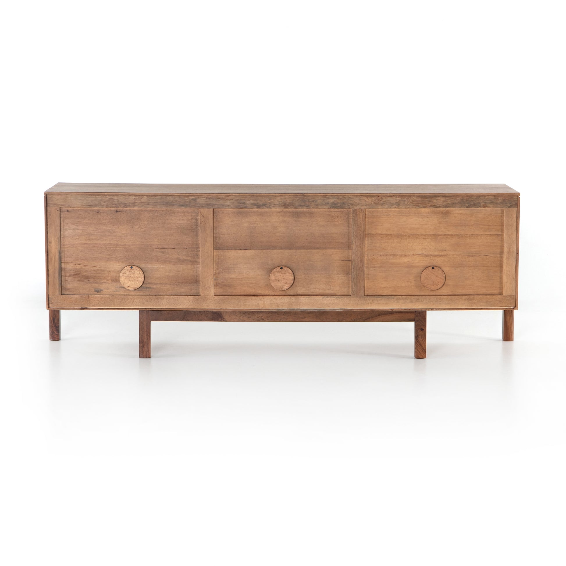 We love mid-century feel to this Reza Media Console - Smoked Honey. Finished in a light, smoked honey, a clean-lined parawood console sits in an arched cradle base of toasted acacia, for fresh contrast. Twist-lock metal hardware adds a clever finishing touch. Rear cutouts for media cord management.  Overall Dimensions: 84.00"w x 18.00"d x 28.25"h