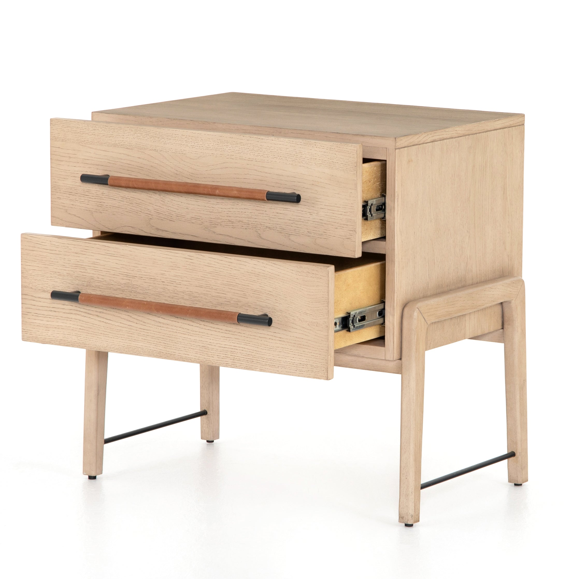 Featuring Rosedale Nightstand by Four Hands at Amethyst Home. The light-finished oak of this Rosedale Nightstand brings a clean, brightness to any room. We love how the two spacious drawers have iron hardware wrapped in a gorgeous, tan leather. The dimension legs with iron connecting them bring a unique look to your bedroom or other area!
Overall Dimensions: 2.  Amethyst Home provides interior design, new home construction design consulting, vintage area rugs, and lighting in the Miami metro area.