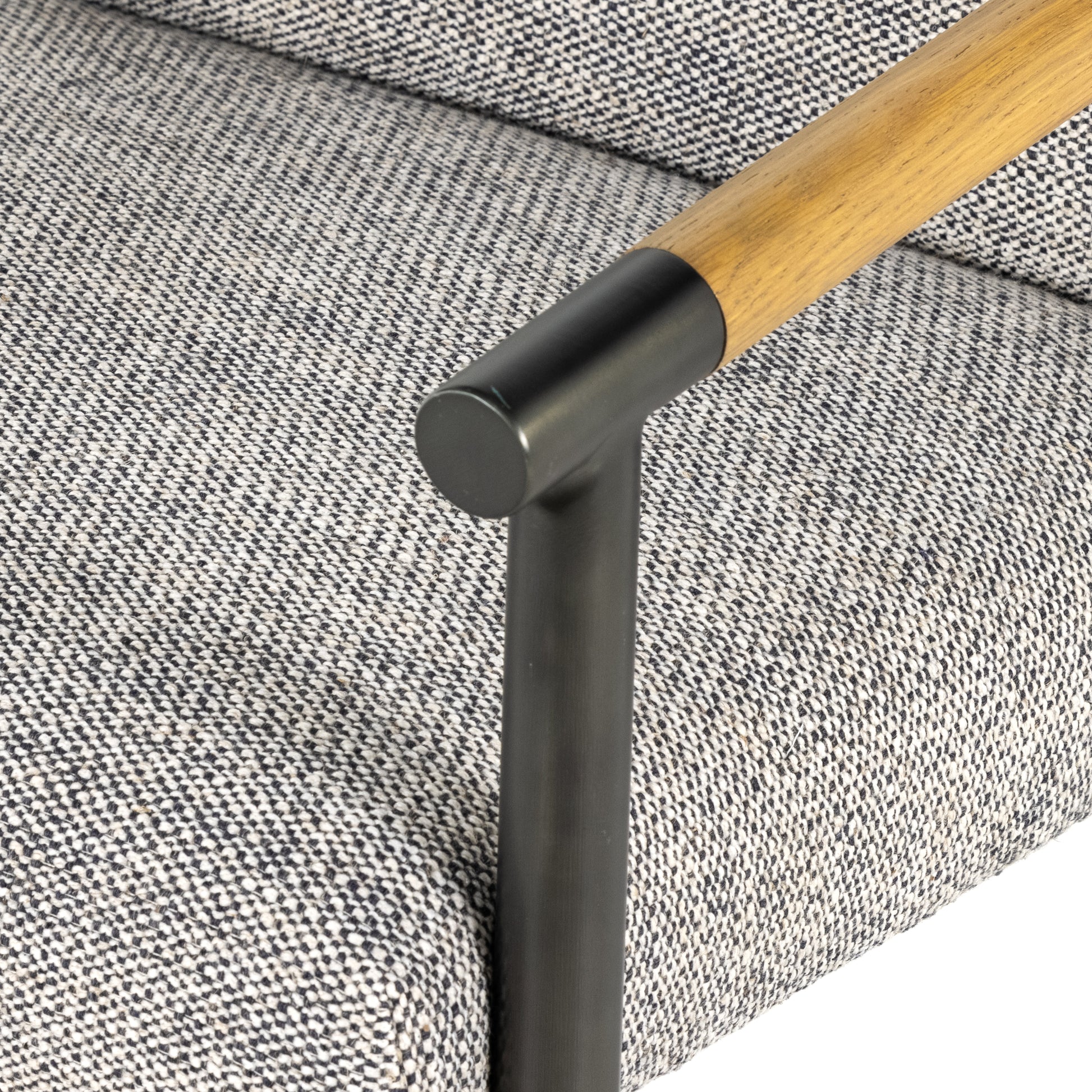 We love the textural grey seating upholstered in a high-performance fabric on this Rowen Bar + Counter Stool - Thames Raven. The angular solid oak arms and black-finished stainless steel framing is perfectly sized to elevate your bar or counter space. 
