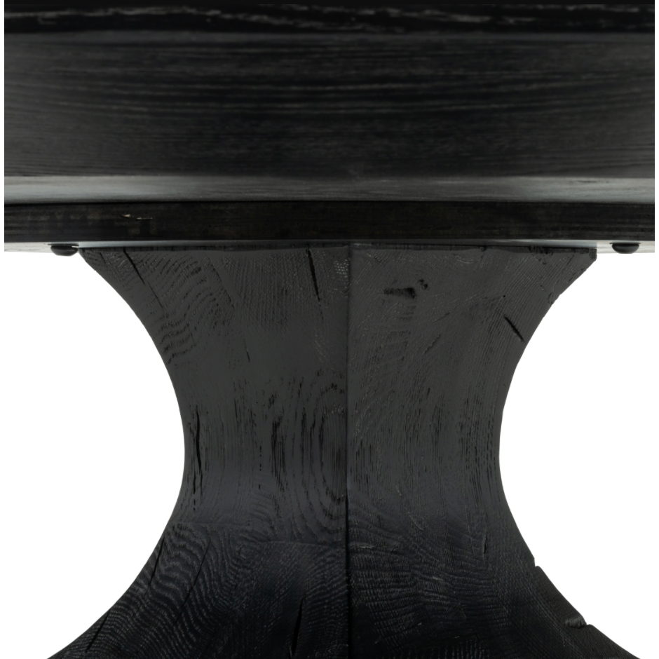 Featuring Sargon Dining Table - Bluestone by Four Hands at Amethyst Home. We love the unique bell shape of this Sargon Bluestone Dining Table. It brings an industrial feel to any dining room. 
Overall Dimensions: 53.25"W x 53.25"L x 30"H
Colors: Washed Black, BluestoneMaterials: Solid Oak, BluestoneWeight: 235.89 lbVolume: 28.71 cu ftClearance from Floor: 28".  Amethyst Home provides interior design, new home construction design consulting, vintage area rugs, and lighting in the Dallas metro area.