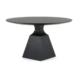 Featuring Sargon Dining Table - Bluestone by Four Hands at Amethyst Home. We love the unique bell shape of this Sargon Bluestone Dining Table. It brings an industrial feel to any dining room. 
Overall Dimensions: 53.25"W x 53.25"L x 30"H
Colors: Washed Black, BluestoneMaterials: Solid Oak, BluestoneWeight: 235.89 lbVolume: 28.71 cu ftClearance from Floor: .  Amethyst Home provides interior design, new home construction design consulting, vintage area rugs, and lighting in the San Diego metro area.