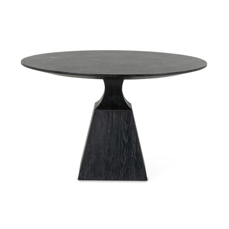 Featuring Sargon Dining Table - Bluestone by Four Hands at Amethyst Home. We love the unique bell shape of this Sargon Bluestone Dining Table. It brings an industrial feel to any dining room. 
Overall Dimensions: 53.25"W x 53.25"L x 30"H
Colors: Washed Black, BluestoneMaterials: Solid Oak, BluestoneWeight: 235.89 lbVolume: 28.71 cu ftClearance from Floor: .  Amethyst Home provides interior design, new home construction design consulting, vintage area rugs, and lighting in the Park City metro area.