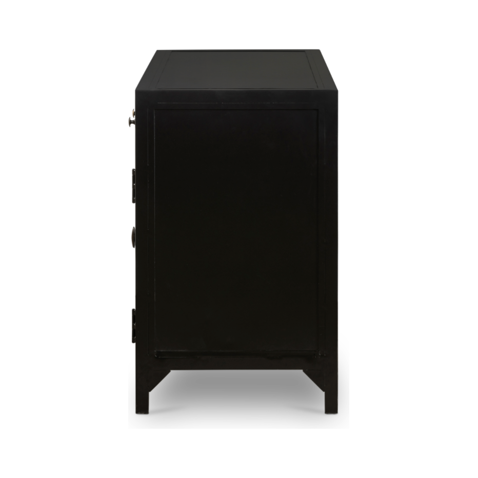 This Shadow Box Media Console Table gives your inner collector a place to play. Frame prized posessions in a glass enclosure with matte-black metal and brass knobs.  Size: 69.00"w x 19.00"d x 29.25"h  Colors: Black, Tempered Glass Materials: Iron, Tempered Glass