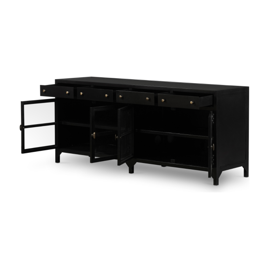 This Shadow Box Media Console Table gives your inner collector a place to play. Frame prized posessions in a glass enclosure with matte-black metal and brass knobs.  Size: 69.00"w x 19.00"d x 29.25"h  Colors: Black, Tempered Glass Materials: Iron, Tempered Glass