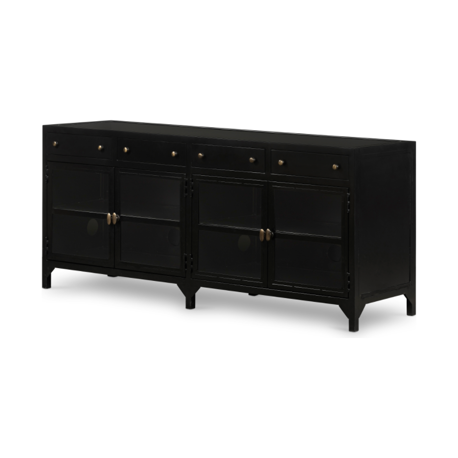 This Shadow Box Media Console Table gives your inner collector a place to play. Frame prized posessions in a glass enclosure with matte-black metal and brass knobs.  Size: 69.00"w x 19.00"d x 29.25"h  Colors: Black, Tempered Glass Materials: Iron, Tempered Glass