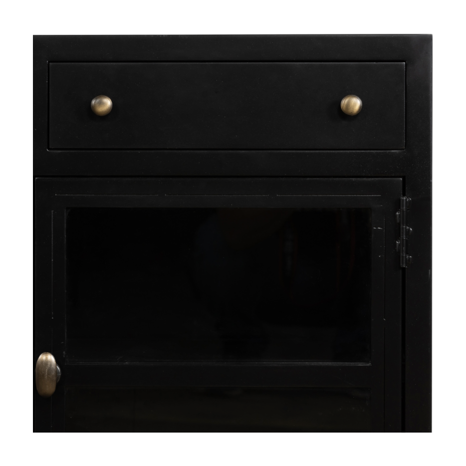 This Shadow Box Media Console Table gives your inner collector a place to play. Frame prized posessions in a glass enclosure with matte-black metal and brass knobs.  Size: 69.00"w x 19.00"d x 29.25"h  Colors: Black, Tempered Glass Materials: Iron, Tempered Glass