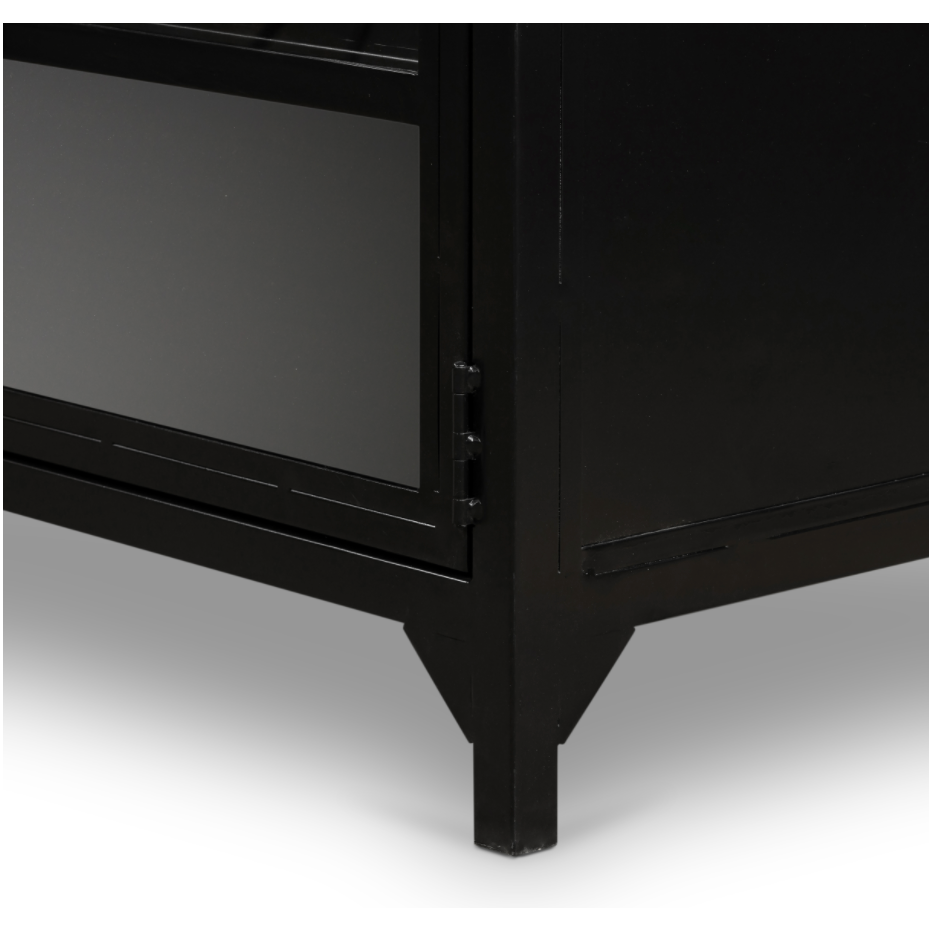 This Shadow Box Media Console Table gives your inner collector a place to play. Frame prized posessions in a glass enclosure with matte-black metal and brass knobs.  Size: 69.00"w x 19.00"d x 29.25"h  Colors: Black, Tempered Glass Materials: Iron, Tempered Glass