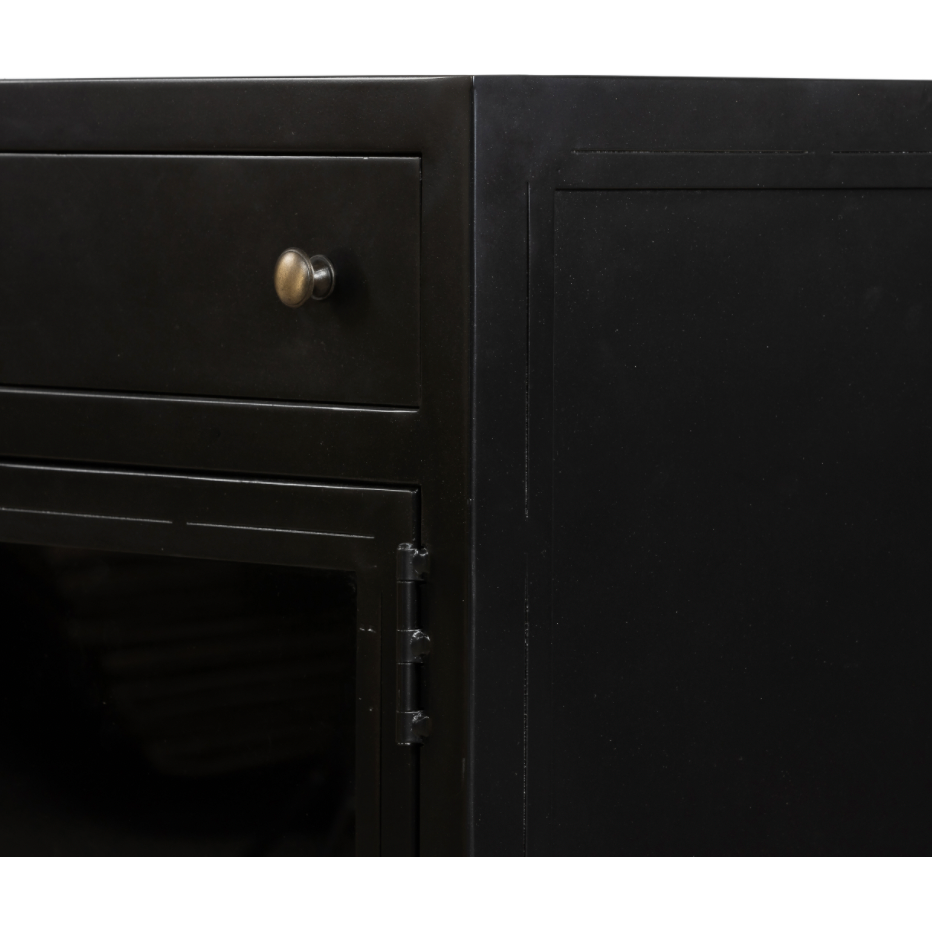 This Shadow Box Media Console Table gives your inner collector a place to play. Frame prized posessions in a glass enclosure with matte-black metal and brass knobs.  Size: 69.00"w x 19.00"d x 29.25"h  Colors: Black, Tempered Glass Materials: Iron, Tempered Glass