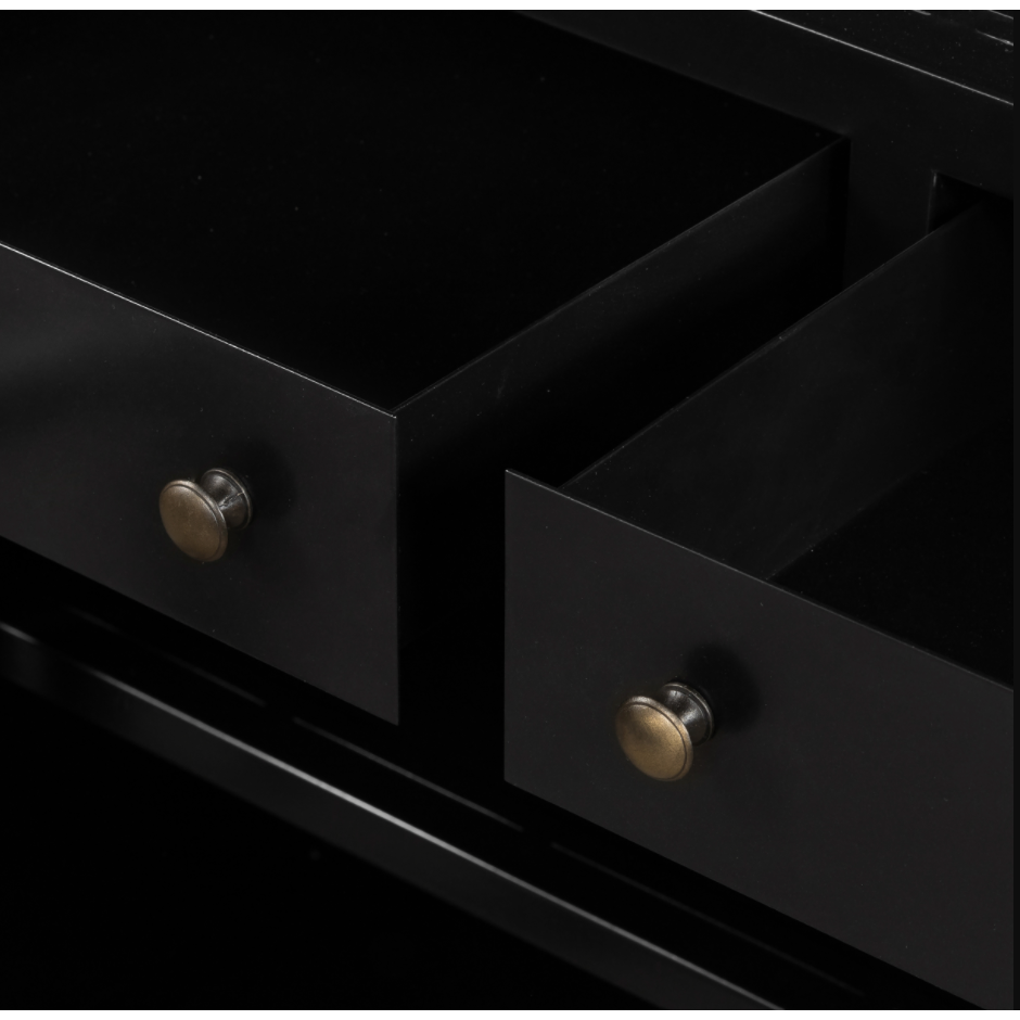 This Shadow Box Media Console Table gives your inner collector a place to play. Frame prized posessions in a glass enclosure with matte-black metal and brass knobs.  Size: 69.00"w x 19.00"d x 29.25"h  Colors: Black, Tempered Glass Materials: Iron, Tempered Glass