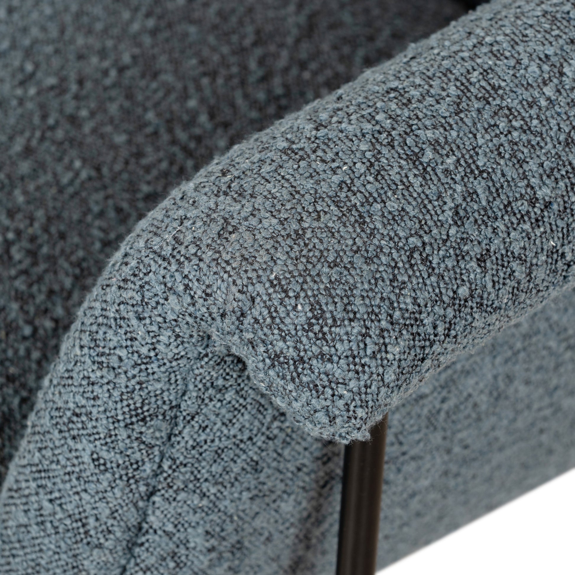 We love the curvy silhouette and classic rolled arms of this Suerte Chair - Knoll Sky. Sky-blue boucle lends a fresh feel to vintage-inspired accent seating for any living room, office, or other area.   Overall Dimensions: 35.00"w x 33.50"d x 31.00"h