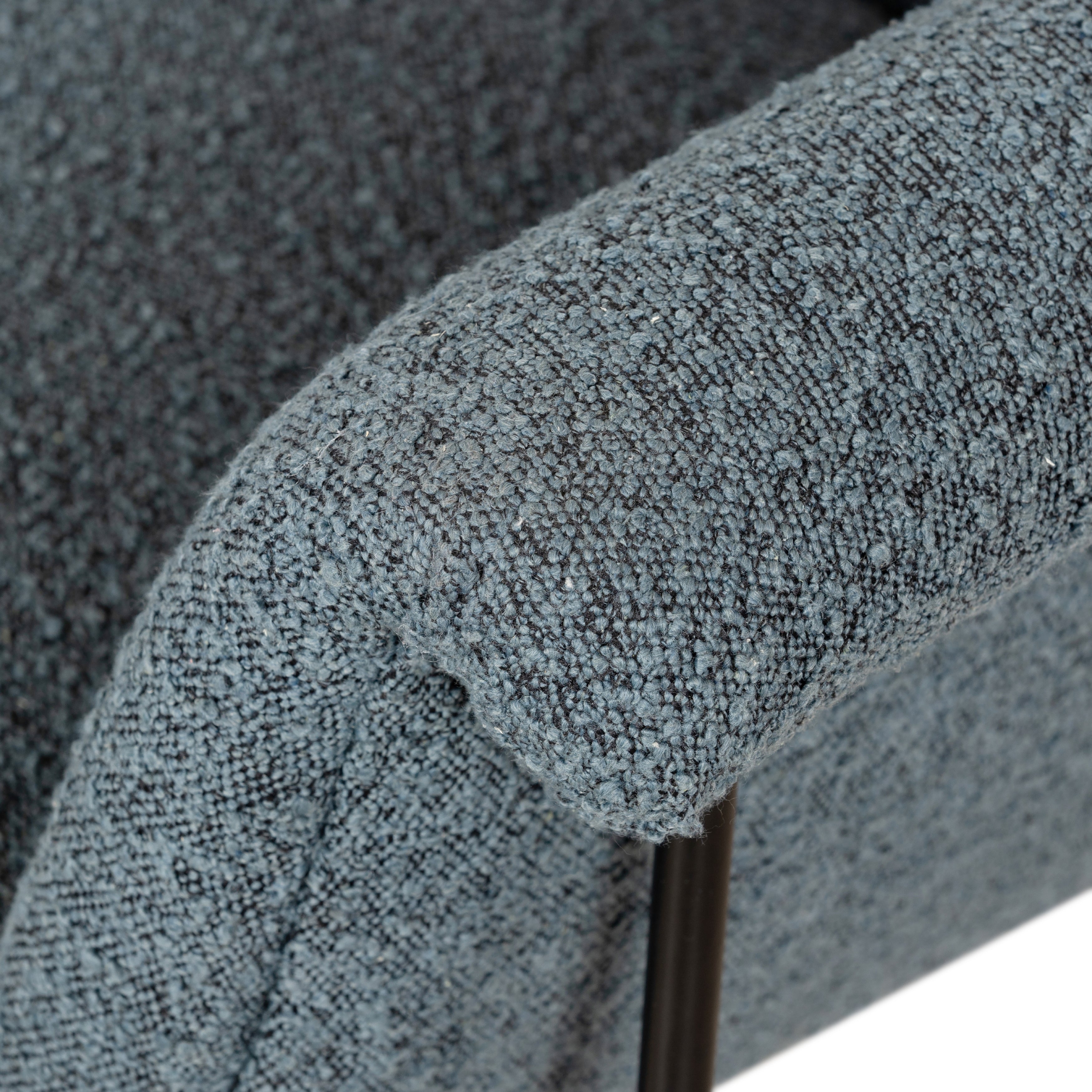 We love the curvy silhouette and classic rolled arms of this Suerte Chair - Knoll Sky. Sky-blue boucle lends a fresh feel to vintage-inspired accent seating for any living room, office, or other area.   Overall Dimensions: 35.00"w x 33.50"d x 31.00"h
