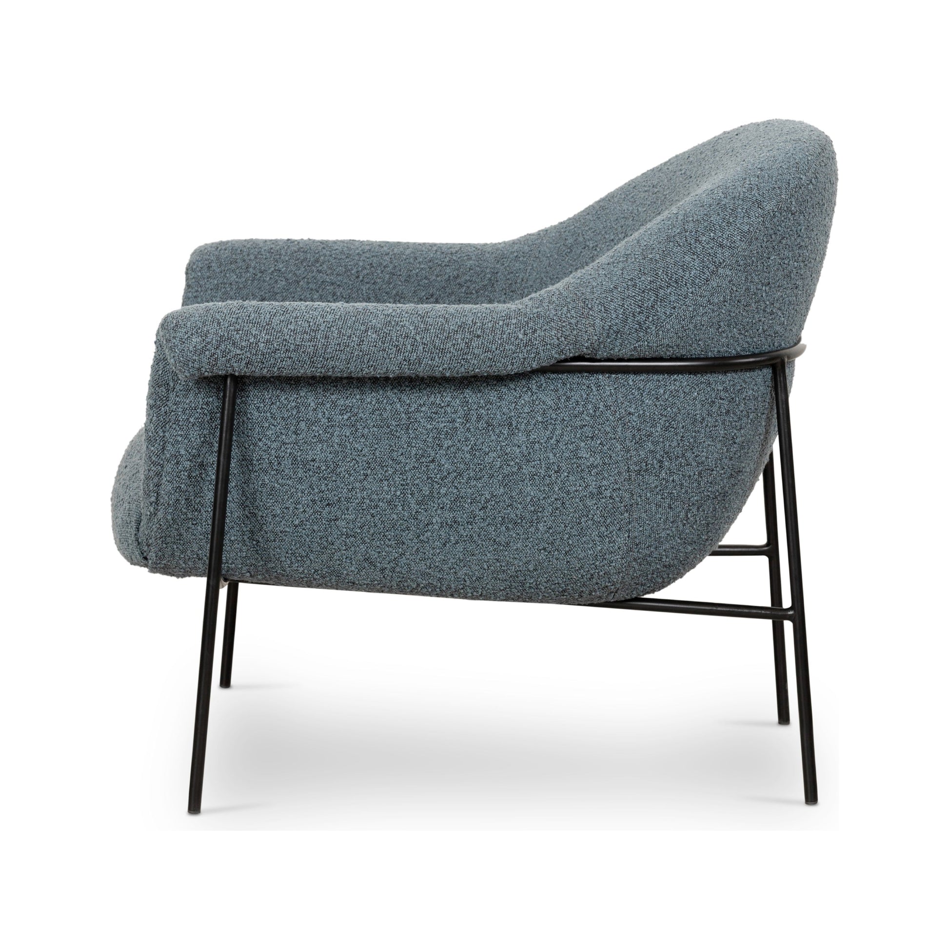 We love the curvy silhouette and classic rolled arms of this Suerte Chair - Knoll Sky. Sky-blue boucle lends a fresh feel to vintage-inspired accent seating for any living room, office, or other area.   Overall Dimensions: 35.00"w x 33.50"d x 31.00"h