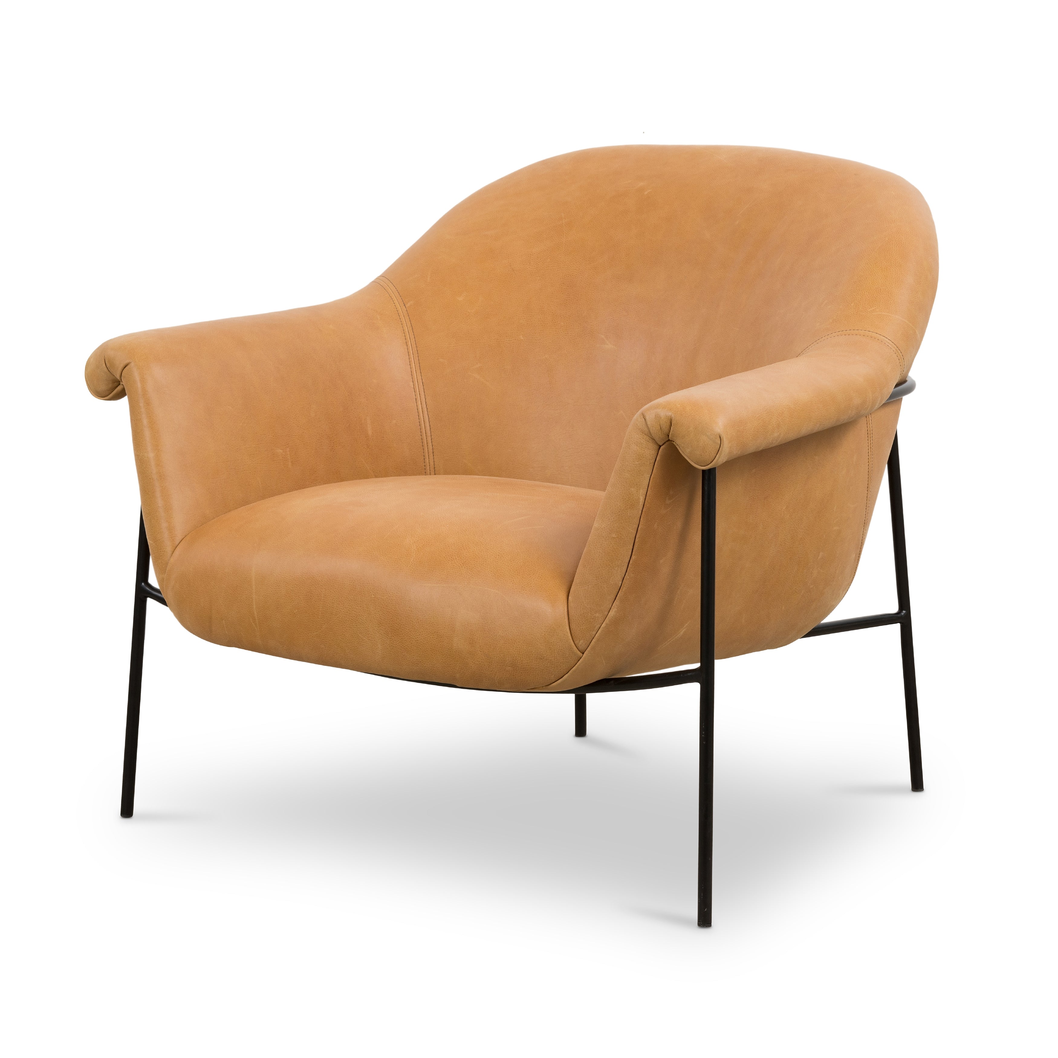 With a curvy silhouette and classic rolled arms, this Suerte Chair - Palermo Butterscotch has butterscotch leather that lends a fresh feel to vintage-inspired accent seating. The airy iron cradle base brings a beautiful balance of scale to any living room or office!  Overall Dimensions: 35.00"w x 33.50"d x 31.00"h