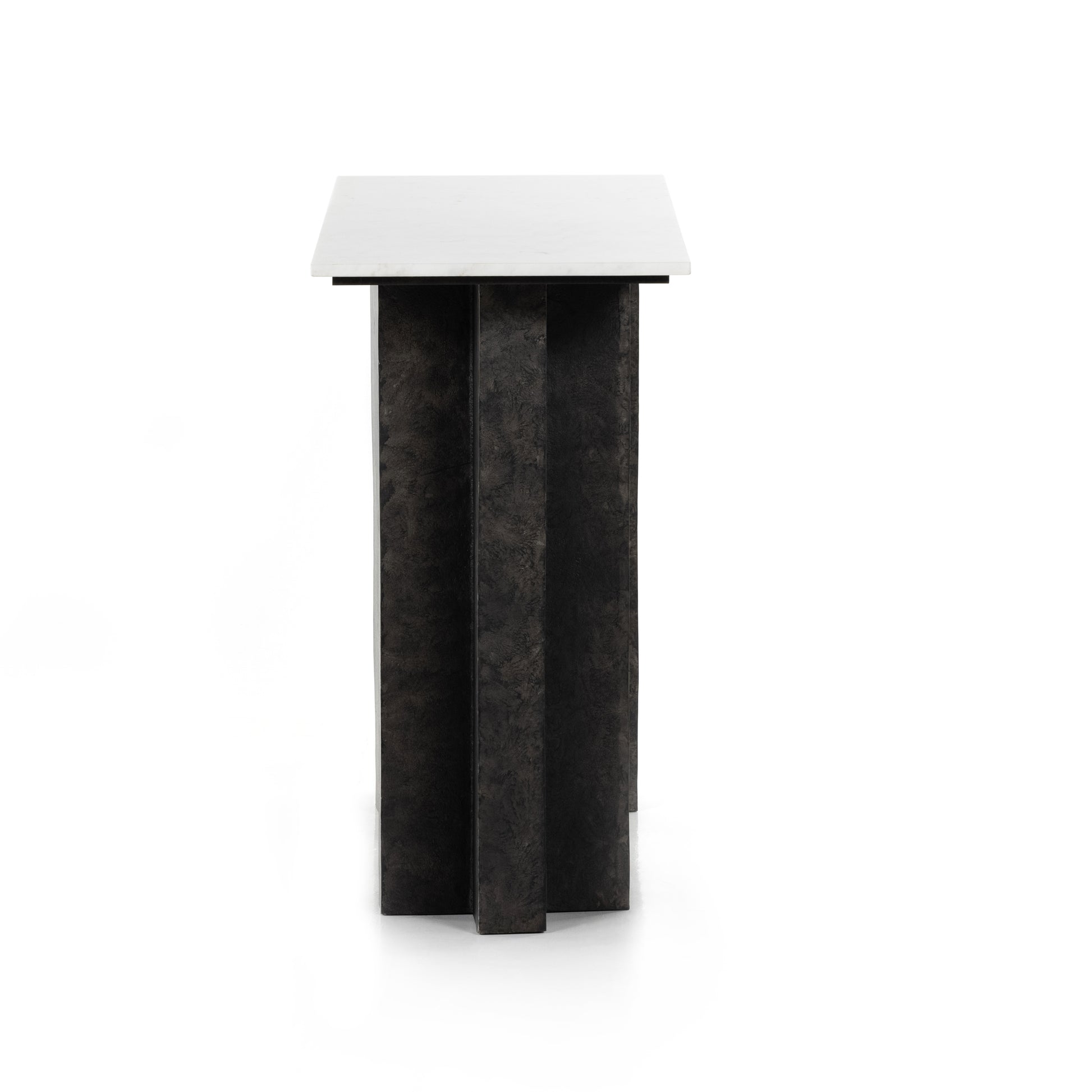Finished in a raw black, uniquely angular cast aluminum legs, this Terrell Console Table - Raw Black showcases a rectangular tabletop of solid marble in a clean, polished white. We'd love to see this in an entryway or behind a sofa.   Overall Dimensions: 51.00"w x 17.00"d x 31.25"h