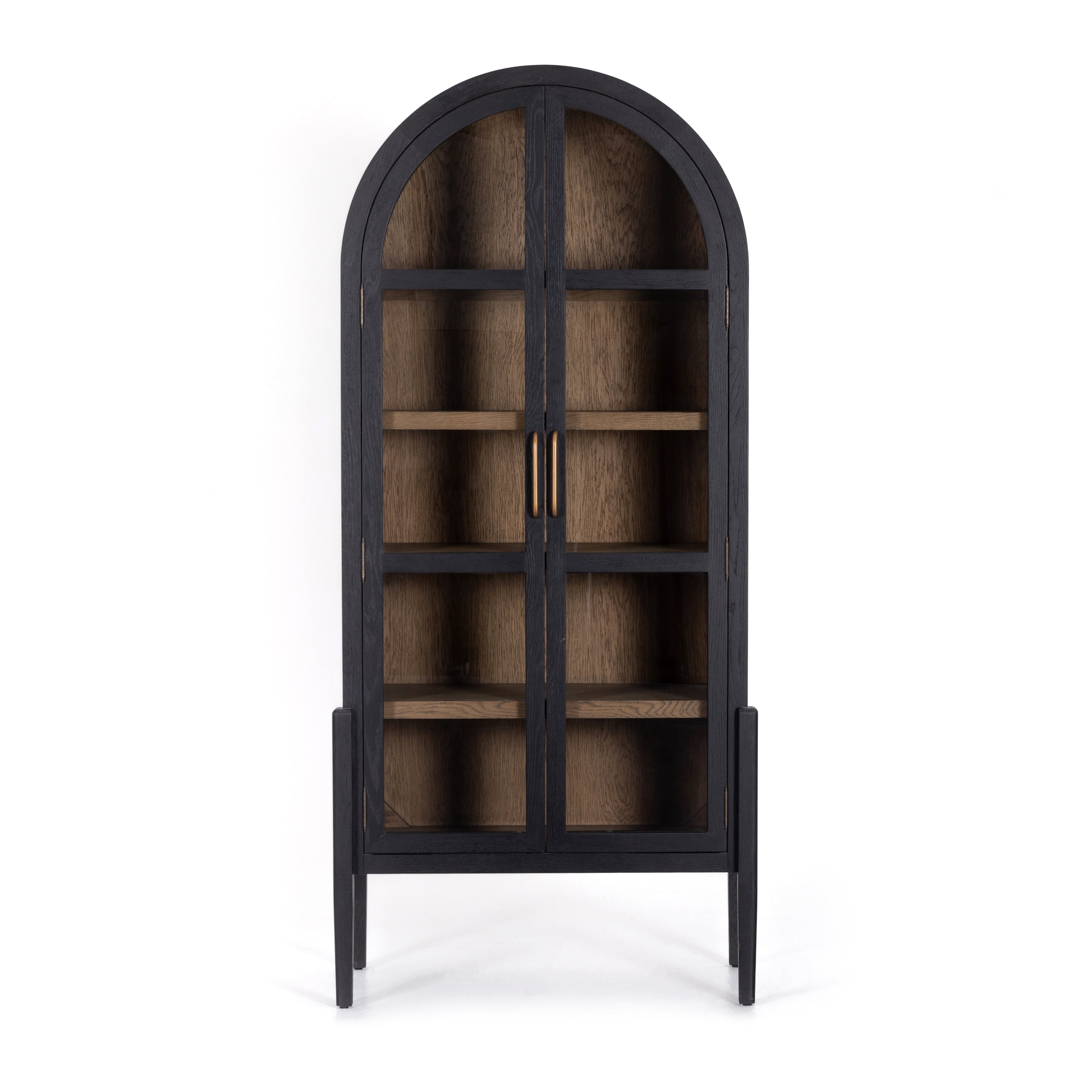 Store it in style with this Tolle Cabinet - Drifted Oak. Beautifully shaped cabinetry of black solid oak features spacious interior shelving and clear glass front, ready for displaying favorite books, photos and treasures in any room!  Overall Dimensions: 38.00"w x 19.00"d x 84.00"h