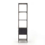 This stylish Trey Bookshelf - Black Wash Poplar offers ample storage space by way of open shelving and dual drawers. Metal-secured pulls of toffee top-grain leather add a textural element of surprise to any office, bedroom, or other space.   Overall Dimensions: 24.00"w x 18.00"d x 78.25"h