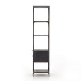 This stylish Trey Bookshelf - Black Wash Poplar offers ample storage space by way of open shelving and dual drawers. Metal-secured pulls of toffee top-grain leather add a textural element of surprise to any office, bedroom, or other space.   Overall Dimensions: 24.00"w x 18.00"d x 78.25"h