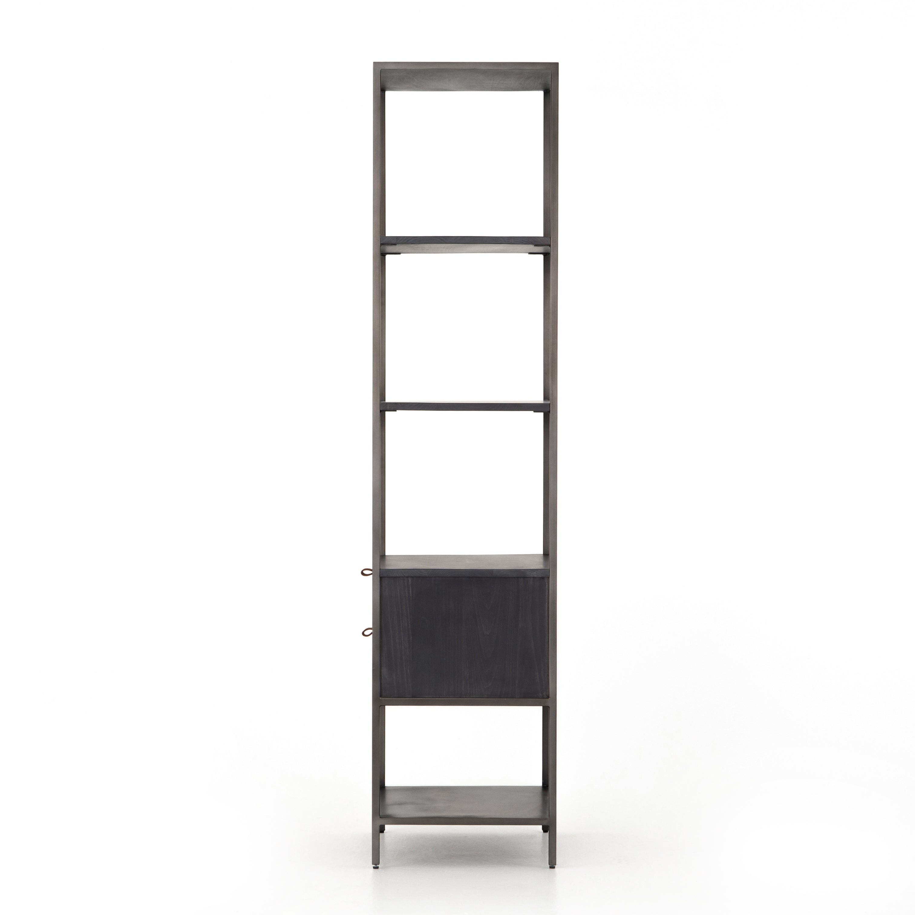 This stylish Trey Bookshelf - Black Wash Poplar offers ample storage space by way of open shelving and dual drawers. Metal-secured pulls of toffee top-grain leather add a textural element of surprise to any office, bedroom, or other space.   Overall Dimensions: 24.00"w x 18.00"d x 78.25"h