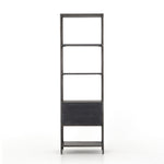 This stylish Trey Bookshelf - Black Wash Poplar offers ample storage space by way of open shelving and dual drawers. Metal-secured pulls of toffee top-grain leather add a textural element of surprise to any office, bedroom, or other space.   Overall Dimensions: 24.00"w x 18.00"d x 78.25"h