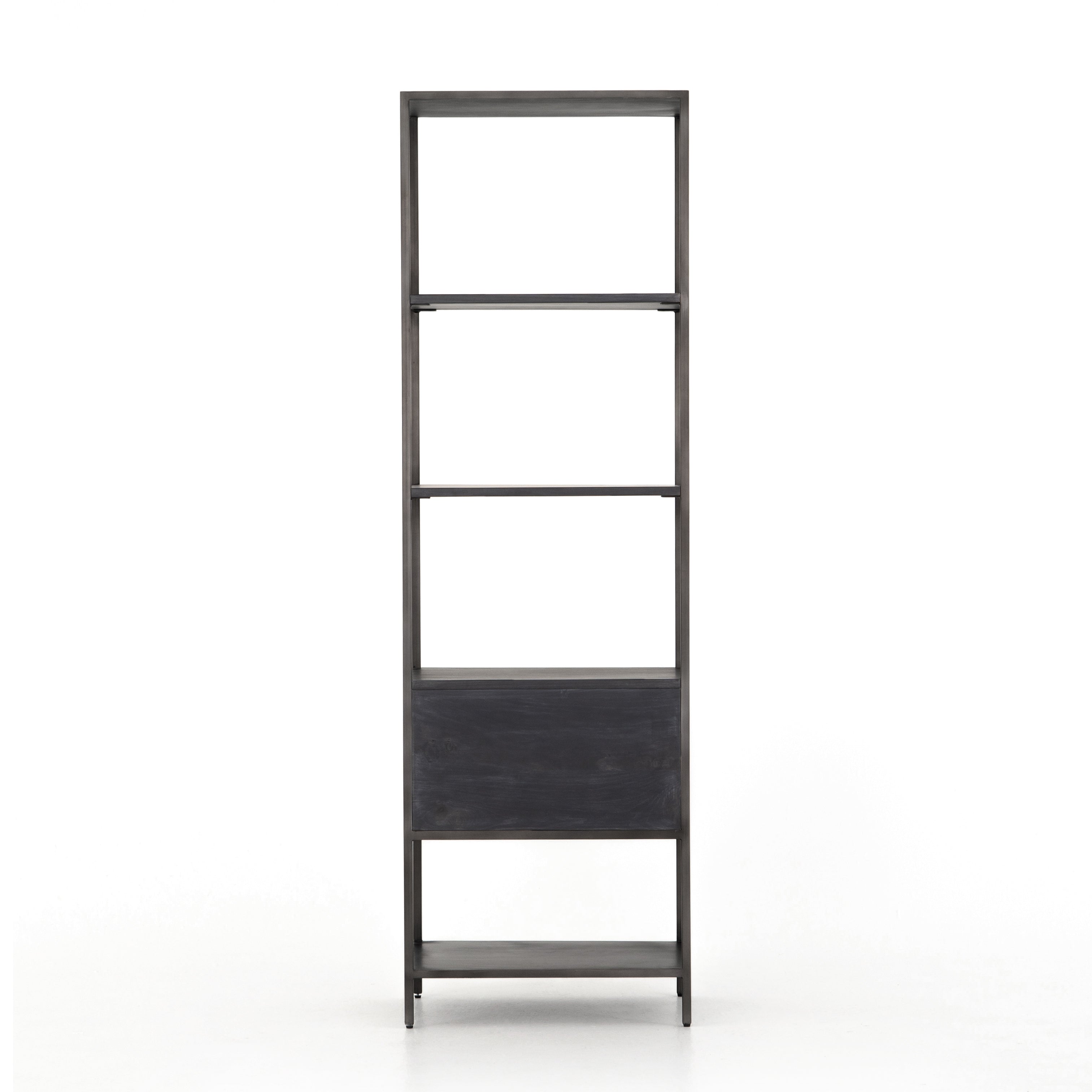 This stylish Trey Bookshelf - Black Wash Poplar offers ample storage space by way of open shelving and dual drawers. Metal-secured pulls of toffee top-grain leather add a textural element of surprise to any office, bedroom, or other space.   Overall Dimensions: 24.00"w x 18.00"d x 78.25"h