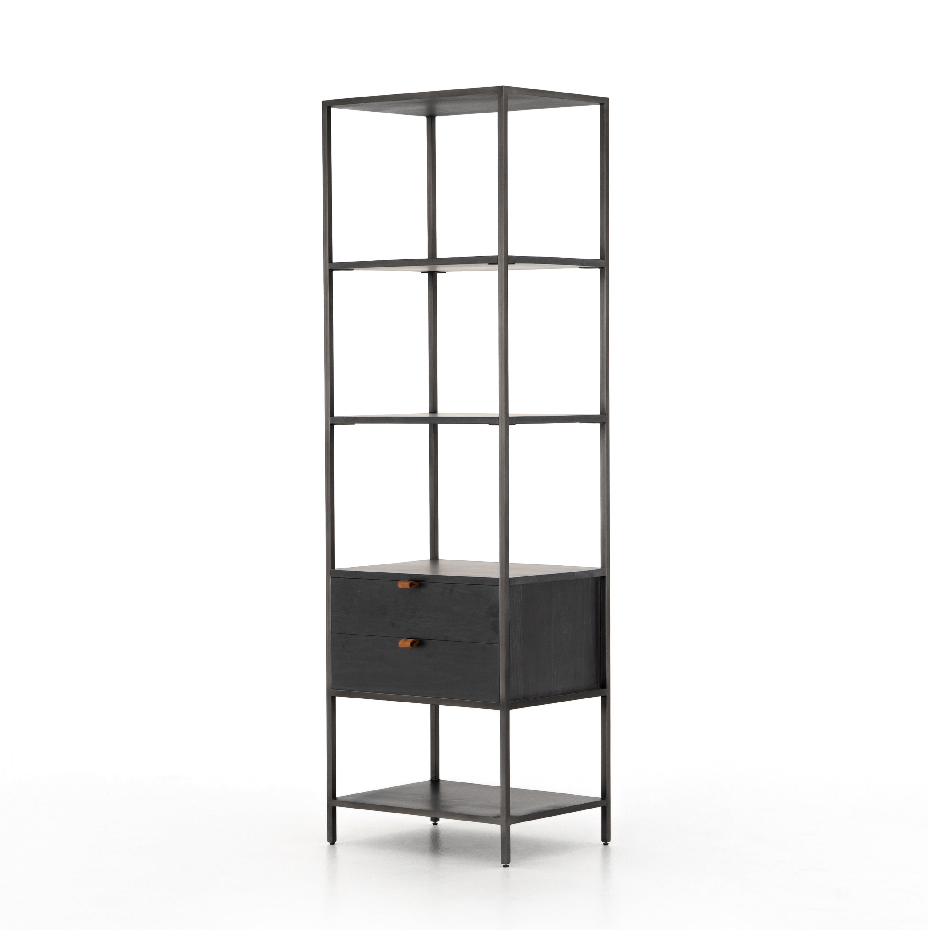 This stylishTrey Bookshelf - Black Wash Poplar offers ample storage space by way of open shelving and dual drawers. Metal-secured pulls of toffee top-grain leather add a textural element of surprise to any office, bedroom, or other space.   Overall Dimensions: 24.00"w x 18.00"d x 78.25"h