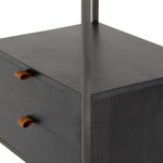 This stylish Trey Bookshelf - Black Wash Poplar offers ample storage space by way of open shelving and dual drawers. Metal-secured pulls of toffee top-grain leather add a textural element of surprise to any office, bedroom, or other space.   Overall Dimensions: 24.00"w x 18.00"d x 78.25"h