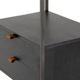 This stylish Trey Bookshelf - Black Wash Poplar offers ample storage space by way of open shelving and dual drawers. Metal-secured pulls of toffee top-grain leather add a textural element of surprise to any office, bedroom, or other space.   Overall Dimensions: 24.00"w x 18.00"d x 78.25"h