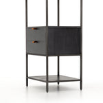 This stylishTrey Bookshelf - Black Wash Poplar offers ample storage space by way of open shelving and dual drawers. Metal-secured pulls of toffee top-grain leather add a textural element of surprise to any office, bedroom, or other space.   Overall Dimensions: 24.00"w x 18.00"d x 78.25"h