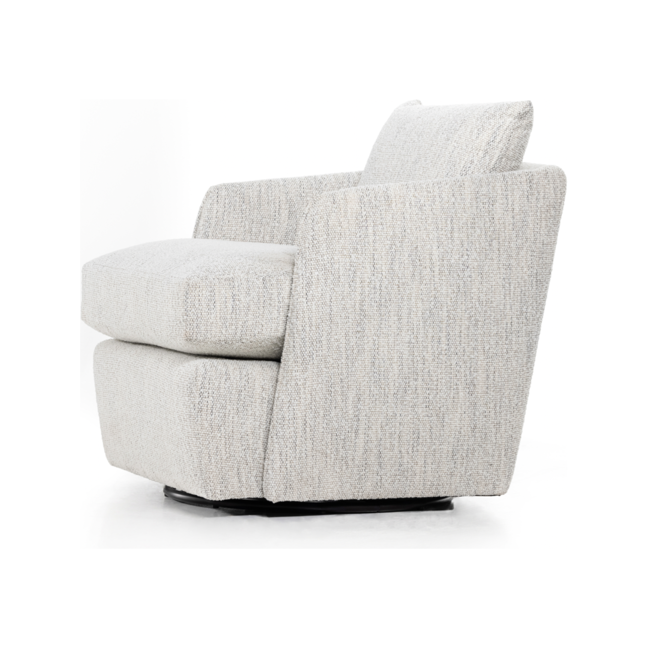 This Whittaker Swivel Chair - Merino Cotton is a comfortable classic. Atop a 360-degree swivel base, well-tailored cotton seating provides a beautifully simple place to perch in style, with feather-blend cushioning for total relaxation -- the perfect chair for a baby room, living room, or other area.   Overall Dimensions: 28.75"w x 35.00"d x 35.50"h