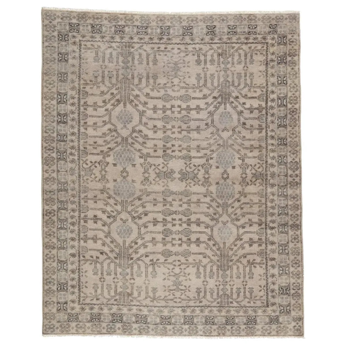 The Salinas Cosimo Area Rug by Jaipur Living is punctuated by traditional, intricate details and a soft, hand-knotted wool construction. This durable, artisan-made rug features a border detail and floral accents in a tonal gray colorway.