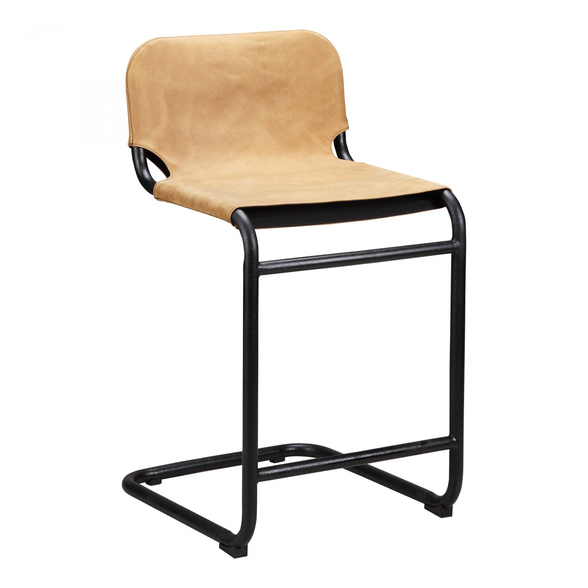 This Baker Counter Stool - Sunbaked Tan Leather has an ultra-supple tan leather seat, supported by a thick black iron frame. Sure to complete the look for any kitchen, island, or other area!   Size: 19"W x 21"D x 35"H