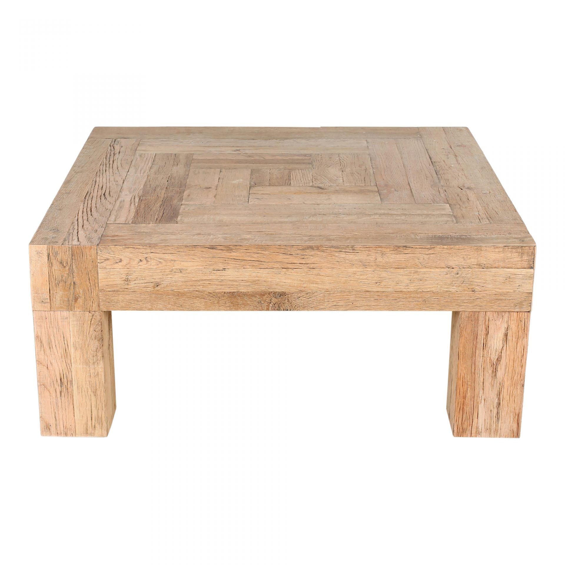 Formed from solid reclaimed oak, the Evander Coffee Table features wild grains and knots, producing a unique surface alongside its modern, blocked construction. We'd love to see this featured in your living room, lounge area, or others space!  Dimensions: 39.5"W x 39.5"D x 16.5"H  Materials:  Solid Reclaimed Oak Frame, Oak Veneer over Plywood