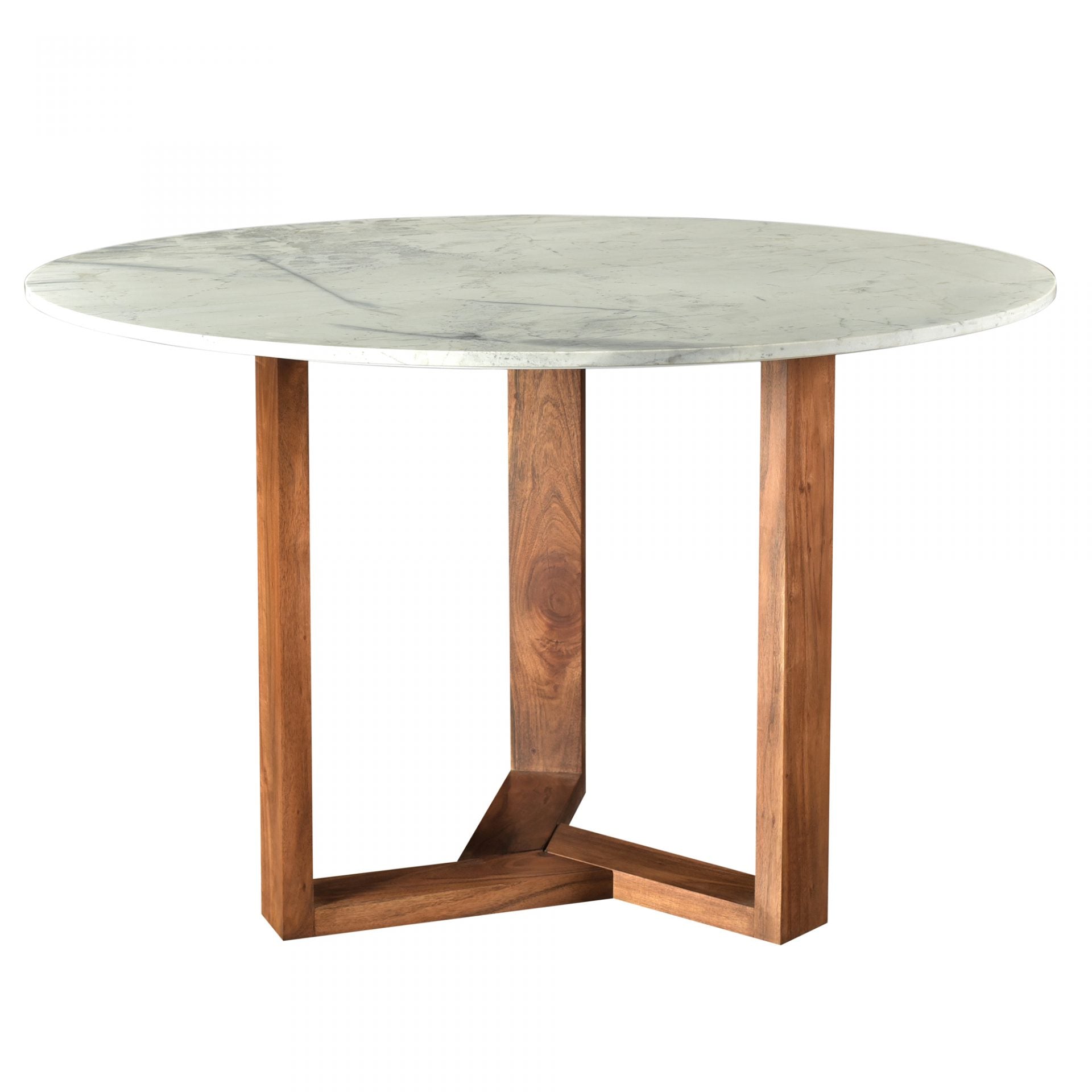 With a solid Satwaria marble tabletop, the Jinxx Dining Table - Brown showcases the best of nature's work. Solid Acacia legs form an ergonomic base that allows 4-6 people to sit comfortably around the table.  Size: 48"W x 48"D x 30"H Materials: White Satwaria Marble Top, Solia Acacia Base, MDF