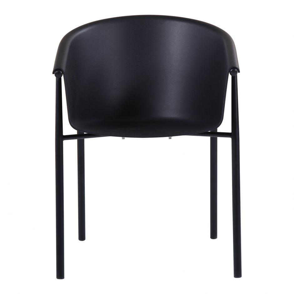 This Shindig Outdoor Dining Chair is a must for the patio. The waterproof seats allow for easy maintenance, while the shapely design and color allow for a sleek, simple aesthetic.  Size: 23 x 23"D x 31.5"H Material: Polypropylene, Powder-Coated Metal Legs
