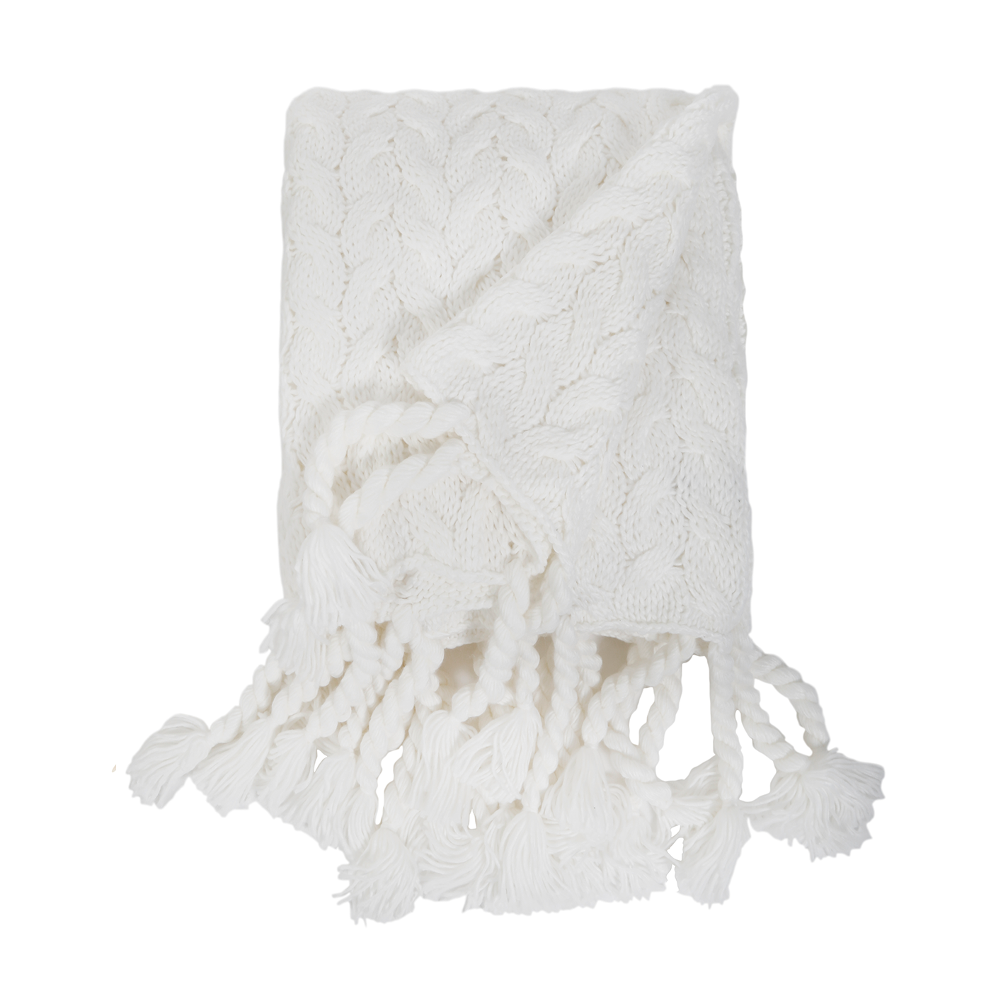 This Capistrano Throw - Three Colors is a soft cable knit throw featuring Pom Pom at Home's popular long twisted tassels along the edge. Available in 3 gentle colors.   Size: 50" x 70" Material: 100% Acrylic