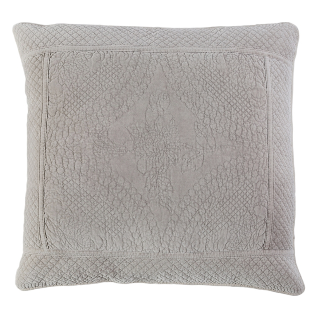 The Marseille Coverlet Bedding Taupe by Pom Pom at Home is luxurious and elegant with a detailed floral and diamond quilted pattern on the front made of 100% stone washed cotton velvet.  100% cotton velvet Machine wash cold; tumble dry low; warm iron as needed Do not bleach 