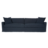 Featuring Sunset Sofa Family by Cisco Brothers at Amethyst Home. TV-binging nights are alright with the Sunset Sofa Family by Cisco Brothers.  It's an extra deep sofa with a subtly reclined back.  It works well in rooms with mounted TVs or sunrooms.  Enjoy this sofa slipcovered or upholstered. Photographed in Mariet Marine 100% linen.
Sunset 96" Sofa: 96".  Amethyst Home provides interior design, new home construction design consulting, vintage area rugs, and lighting in the Alpharetta metro area.