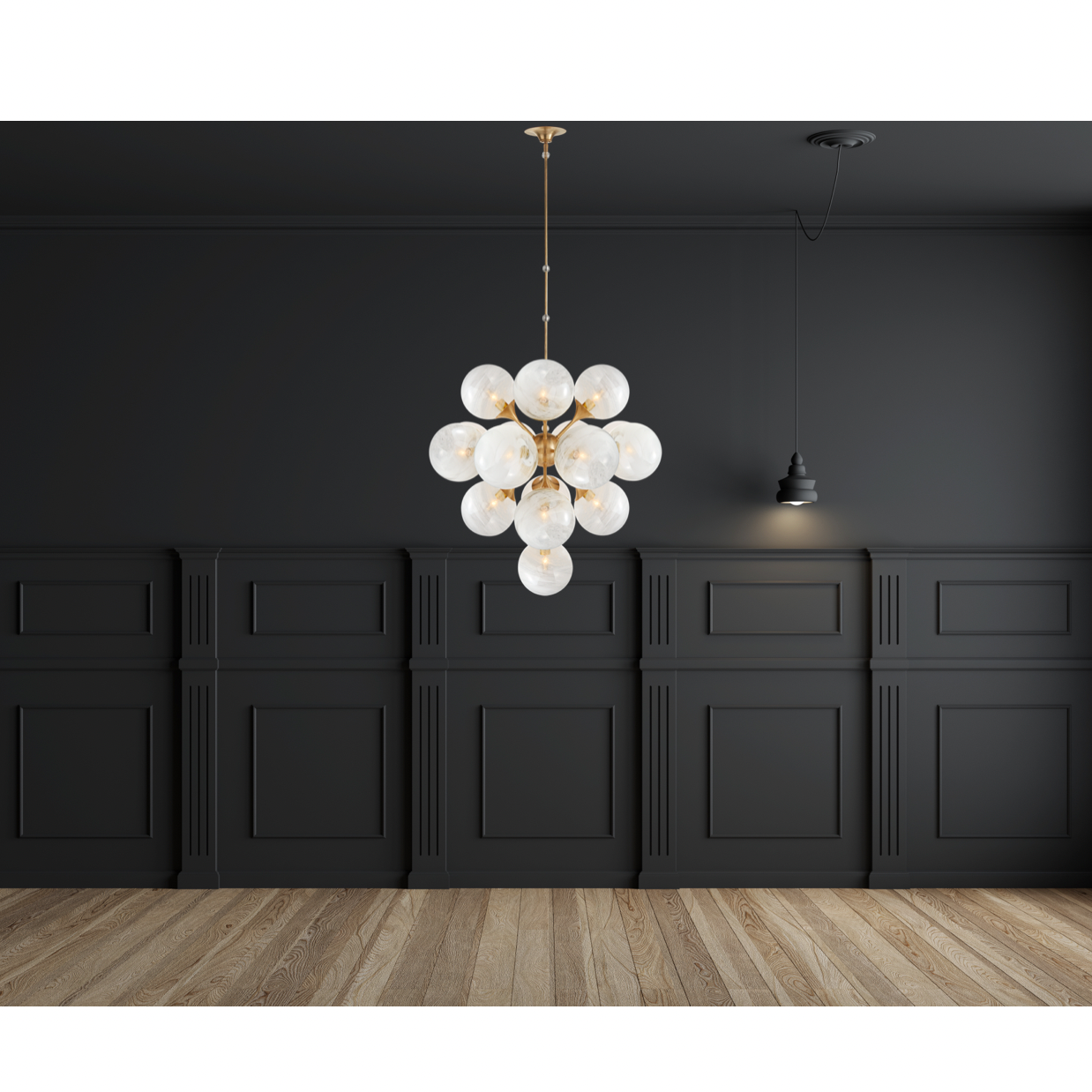 Featuring Cristol Large Chandelier by Visual Comfort at Amethyst Home. We love the white strie glass globes on this Cristol Large Chandelier by Visual Comfort. It brings a stunning and unique look to any living room, dining room, or kitchen.
Overall Dimensions: 33.25" L x 33.25" W x 62" HWeight: 70 lbs..  Amethyst Home provides interior design, new home construction design consulting, vintage area rugs, and lighting in the Monterey metro area.