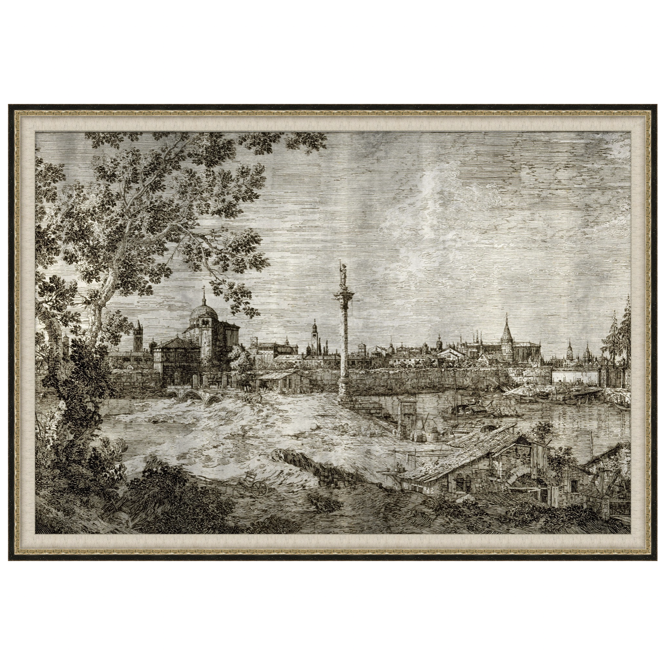 The Imaginary View of Padua Art is made on silver leafed paper and framed in a beautiful black and silver distressed frame. This adds a mystical, antique feel to any office, bedroom, or living area  Size: 54"w x 38"h Medium: Silver Leafed Paper  This piece is made just for you in the USA! Please allow 6-8 weeks for production and shipment. 